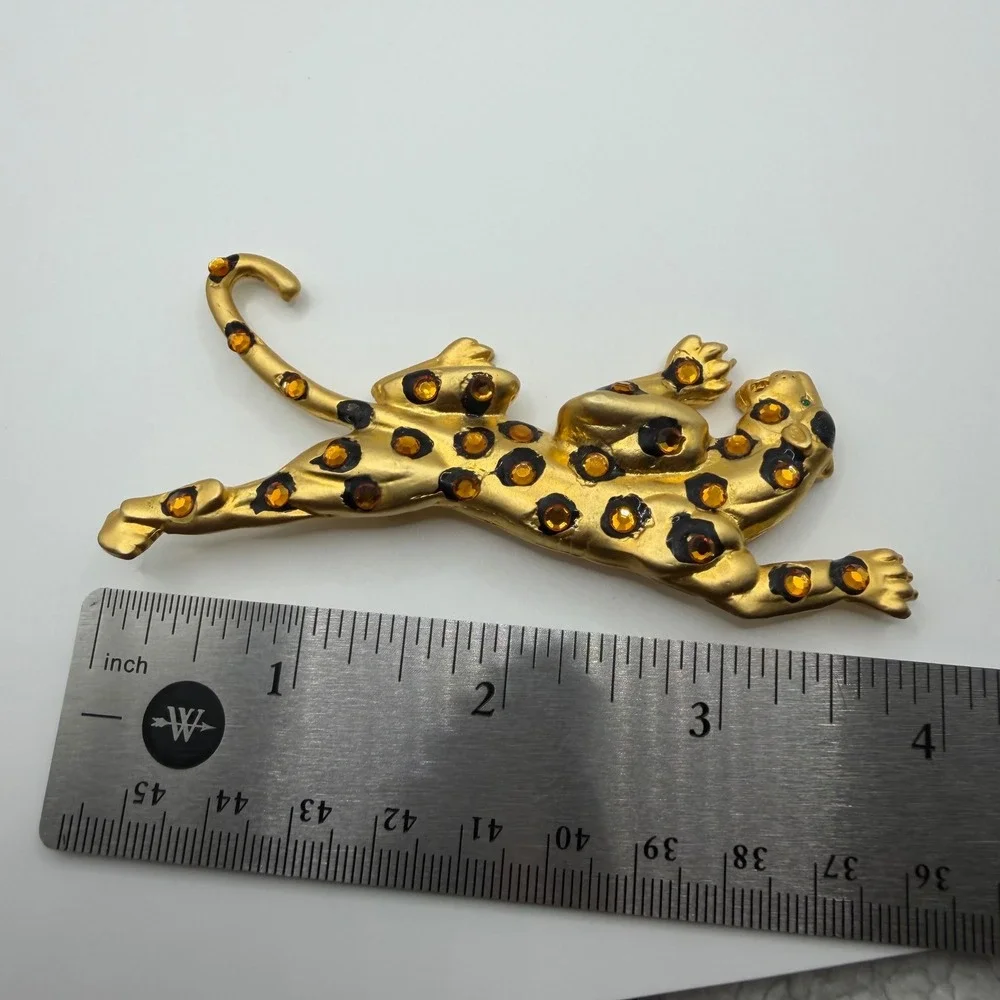 Vintage Gold Tone Leopard Brooch Amber Rhinestone Black Enamel Cheetah Pin 4 In